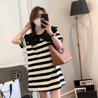 Còn hàng Đầm len đen sọc trẻ trung cổ búp bê cho phụ nữ, dáng rộng, phong cách học viện, đầm dài vừa phải