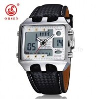 Còn hàng Ohsen Mặt vuông Dây da chống nước Dây đeo đồng hồ nam Màn hình LED chống nước với nhiều múi giờ