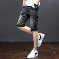 Còn hàng | Quần short denim mỏng co giãn mùa hè cho nam, quần short rách vừa vặn, thẳng, dài vừa phải cho thanh niên--&-