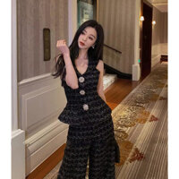 Còn hàng~Vanity Fair Private Wear 2025 Bộ đồ sang trọng mới, vừa vặn, đa năng, phong cách Chanel nhỏ, áo nút kim cương và quần ống rộng