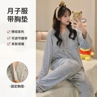 Confinement Quần Áo Nhà Mùa Đông Phong Cách Mới Đức Nhung Chấm Bi Ấm Cố Định Miếng Lót Ngực Bà Bầu Sau Sinh Bộ Quần Áo Điều Dưỡng