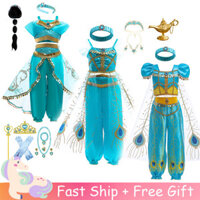 Công Chúa Jasmine Crop Top Set Cho Bé Gái Xanh Xanh Halloween Aladdin Bụng Khiêu Vũ Cosplay Trang Phục Giáng Sinh Trẻ Em Quần Áo
