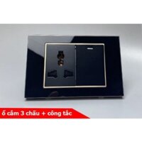 Công Tắc Điện + Ổ Cắm 3 Chấu Âm tường Mặt Kính Cường Lực Viền Vàng TENKO TK-C18-B-041 ĐEN