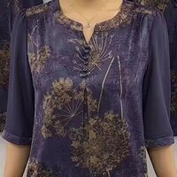 Cộng với kích thước trung niên và người già mẹ Áo Thun 2025 mùa xuân mùa hè mới Áo Thun v-cổ hoa sen mẫu ba phần tư/dài tay áo nhỏ cho phụ nữ