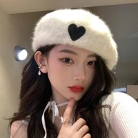 Congee Cocoa Mũ Beret Lông Thỏ Màu Trắng Thêu Hình Trái Tim Mùa Thu Đông Dành Cho Bạn Nữ