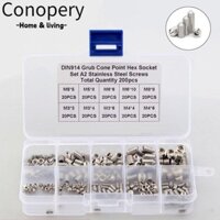 Conopery Bộ 200 Ốc Vít, M3 M4 M5 M6 M8 304 Thép Không Gỉ Allen Đầu Ổ Cắm Lục Giác Grub, Bộ Vít Phân Loại Bộ Ốc Vít Bộ Dụng Cụ Phân Loại Vít Điểm Nón Bộ Đồ Dùng Phòng Tắm
