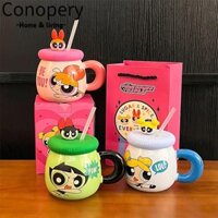 Conopery Cốc Sứ, Powerpuff Girls Anime Cặp Đôi Cốc Nước, Thiết Kế Ống Hút Ngoại Vi Có Nắp Hoạt Hình Cốc Quà Tặng