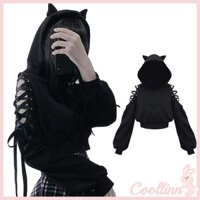 Coo Nữ Dễ Thương Cho Tai Mèo Áo Khoác Tay Dài Rỗng Ra Lạnh Vai Phối Ren Rời Crop Top Bông Tai Kẹp Đồ Họa Mồ Hôi