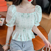 Cool Mùa Hè Nữ Tay Phồng Dễ Thương Áo Ruffles Hoa Ruffles Smocked Crop Top Áo Sơ Mi Cổ Vuông Tee Dành Cho Thiếu Niên Bé Gái vn