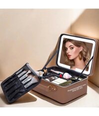 Cốp Trang Điểm Cá Nhân Nhỏ Gọn Bằng Da Kèm Gương Đèn LED [Màu Nâu] - PD12N