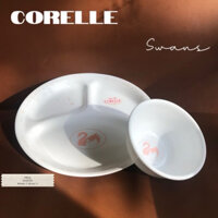 Corelle USA  - Swans - Combo 01 Dĩa Khay 3 Ngăn + 01 Chén Cơm Thiên Nga
