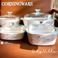 CORNINGWARE - Lilyville - 01 Nồi Vuông Thuỷ Tinh Vitrelle [Bao Gồm Nắp] Hoa Bách Hợp [Bán Lẻ]