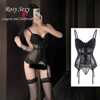 Corset dáng dài ren cổ V ôm body kèm đai kẹp tất LG381