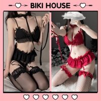 Cosplay hầu gái sexy phối nơ đáng yêu set đồ lót gợi cảm garter kèm kẹp tất đen đỏ trắng hồng quyến rũ BIKI HOUSE N915