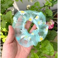 Cột tóc scrunchies voan lưới hoa cúc - Lưới Xanh lá