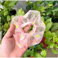Cột tóc scrunchies voan lưới hoa cúc - Lưới hồng nude