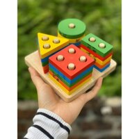 Cột xếp hình Montessori 4 cọc 4 hình khối - Đồ chơi gỗ cao cấp xuất châu Âu