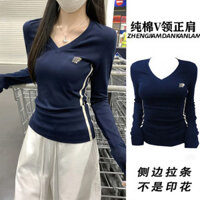 Cotton Nguyên Chất Cổ Chữ V Ruy Băng Hot Girl Thể Thao Mỏng Dài Tay Áo Thun Nữ Thu Đông Phong Cách Mỹ Slim-Fit S