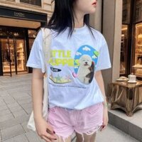 Cotton Nguyên Chất Ngọt Ngào Phong Cách Thoáng Mát Trái Tim Chó In Tay Ngắn Màu Trắng Unisex Cặp Đôi Áo Thun Top