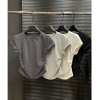 Cotton Nguyên Chất Xếp Ly Nẹp Cổ Tròn Đen Ngắn Tay Áo Thun Nữ Thời trang Phong Cách Mùa Hè Phong Cách Mới Skinny Ôm Hơn Nhìn Ngắn Bên Ngoài