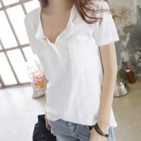 Cotton tre đen trắng áo thun ngắn tay nữ cổ chữ v thông mã lớn cotton áo sơ mi bán tay thời trang mùa hè phiên bản Hàn Quốc áo sơ mi ngắn tay