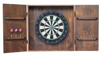 Country Rustic Wood and Iron Handcrafted Dart Board Wall Cabinet - Carmel Finish