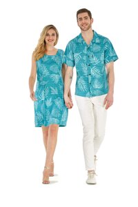 Couple Matching Hawaiian Luau Outfit Aloha Shirt Tank Dress in Aqua Leaf Floral