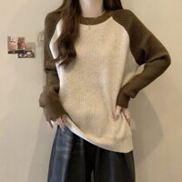 Cozok Áo Thun Tay Dài Dáng Rộng Phối Màu Tương Phản Thời Trang Hàn Quốc