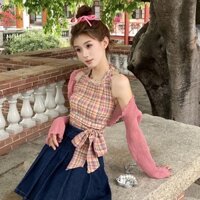 COZOK Set Áo Hai Dây Sọc Caro Cầu Vồng + Áo Khoác cardigan Dài Tay Chống Nắng Cao Cấp Thời Trang