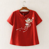 Cp Quạt Thêu Khóa Nhỏ Cổ Chữ v Ngắn Tay Cotton Vải Lanh Áo Thun Nữ Top Mùa Hè Phong Cách Mới Rời Văn Học Đế Áo Thun