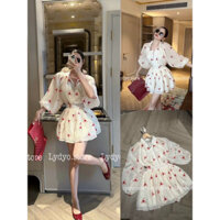 CP50- sét váy nữ, sét áo somi form babydoll 2 lớp, tay dài bồng bo chun, phối quần đùi 2 lớp, chất liệu tơ đũi xước