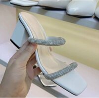 {CPH shoes} Dép cao gót nữ 5 phân đế vuông , Guốc nữ xỏ ngón đính đá cao gót da mềm đi chơi đi làm