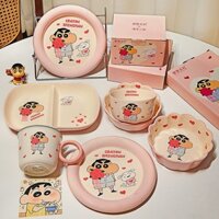 Crayon Shin-Chan Bộ Đồ Ăn Gốm Hoạt Hình Dễ Thương Hộ Gia Đình Bát Ăn Màu Hồng Cô Gái Dễ Thương Trái Tim Bát Tròn Cốc Nước Đĩa Quà Tặng Tốt