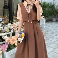 Crlnhc A Đơn Giản Giả Hai Mảnh Đầm Thời Trang Hàn Quốc Preppy Phong Cách Mùa Hè Vintage Nữ Đầm Maxi vn