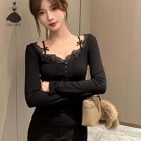 Crlnhc Áo hai mảnh giả gợi cảm dành cho nữ Áo thun dài tay màu trơn Vn