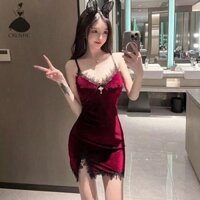 Crlnhc Mini Đầm Vintage Gợi Cảm Spaghetti Dây Cao Cấp Ren Nhung Đảng Đầm Vn