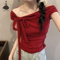 Crlnhc Mùa Hè Hàn Quốc Sang Trọng Tắt Vai Áo Thun Nữ Màu Trơn Nơ Phối Ôm Crop Top Vn