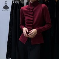 Crlnhc Nữ Retro Sang Trọng Không Đều Xếp Ly Cổ Cao Su Dài Tay Ôm Dệt Kim Áo Len Vn