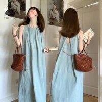 Crlnhc Pháp Retro Pleat Backless Áo Vest Dài Đầm Đi Biển Kỳ Nghỉ Đầm Vn
