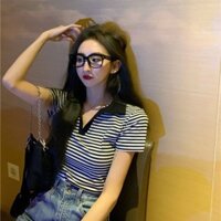 croptop  polo  Áo Thun Nữ Cổ Tim Thò Tay Ngắt Phong Cách Quốc Quốc