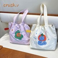 [Crush] Túi Đeo Vai, Túi Tote Màu Kẹo Vải, Khăn Tươi Thêu Dung Tích Lớn Thiết Kế Dây Rút Túi Vải Quà Tặng