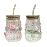 [Css] Cốc Thủy Tinh Có Nắp Cốc Rơm Nơ Hồng Hộ Gia Đình Chịu Nhiệt Sữa Trà Cốc Thủy Tinh Hoa Hồng