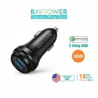 Củ Sạc Điện Thoại Trên Ô Tô Xe Hơi RAVPower 2 Cổng 36WQuick Charge 3.0-RP-VC018 Siêu Nhỏ Gọn- Hàng Phân Phối Chính Hãng