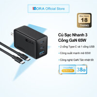 Củ Sạc GaN 65W Đầu Gập 1HORA - 3 Cổng Sạc (2 Type-C + 1 USB), Sạc Nhanh Đa Thiết Bị - Tương Thích Macbook, Samsung, Xiaomi, iPhone 15 Pro Max