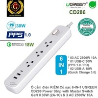 Củ sạc Kiêm Ổ Cắm điện đa năng 6-in-1 UGREEN CD286 Power Strip GaN II 30W PPS 1.0/ PD (2A-1C) & 03 lỗ cắm AC 2500W 10W