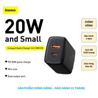 Củ Sạc Nhanh 2 cổng 20W Baseus CCXJ Cổng USB + C , Siêu nhỏ sạc nhanh 2 thiết bị cùng 1 lúc cho Iphone , Xmax , 11 , 12