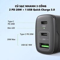 Củ sạc nhanh 2 cổng PD 20W + 1 Usb Quick Charger 3.0 ( Tổng 40W ) cao cấp, hỗ trợ báo đèn Led - Hàng chính hãng