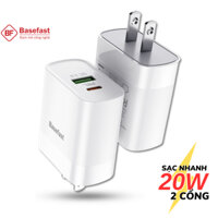 Củ sạc nhanh 20W 2 Cổng Basefast cục sạc QC 3.0 chống quá tải nhiệt cho smartphone iP Samsung Oppo