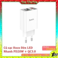Củ sạc nhanh 20w Hoco C100a có 2 cổng USB + Type C sạc PD20w + QC3.0 chân cắm tròn, đèn LED báo dòng và công xuất