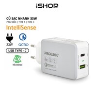 Củ sạc nhanh 33W Prolink PTC23301, 2 cổng USB-A & USB-C, IntelliSense, Quick charge 3.0, sạc nhanh gấp 4 lần, an toàn